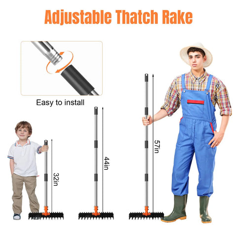 Pro Grade Lawn Dethatcher And Soil Aerator With 57 Inch Handle And 15 Inch Steel Tines shown in three adjustable sizes.