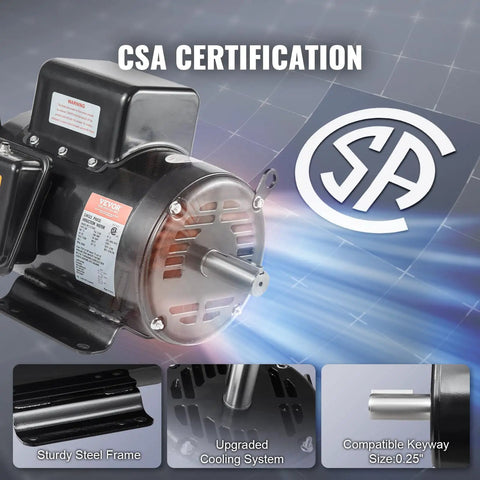 Heavy Duty 7.5 Hp Air Compressor Electric Motor 230V Single Phase 3450 RPM showing CSA certification and reversible keyed shaft.