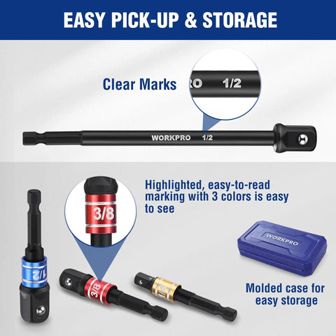 Impact Grade Socket Adapter Set With Case, Quarter Inch, Three Eighths Inch, And Half Inch Drive, 9 Pieces, with clear marks.