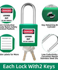 Go-To Lockout Tagout Kit 10 Piece Green Safety Padlock Set With Keyed Different Locks, 2 keys, durable with safety labels.