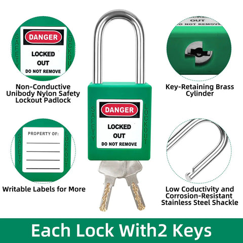 Go-To Lockout Tagout Kit 10 Piece Green Safety Padlock Set With Keyed Different Locks, 2 keys, durable with safety labels.