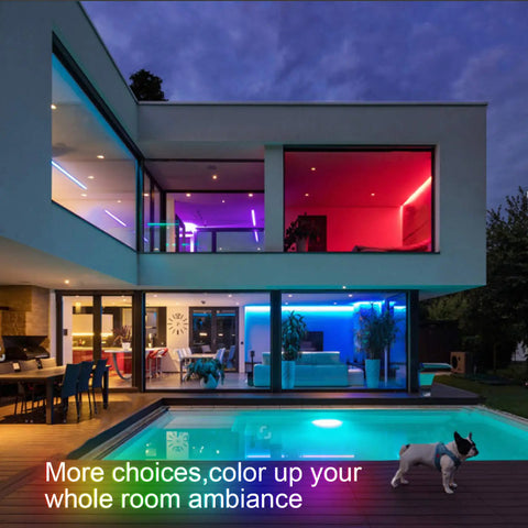 Modern house with PMMA Covered LED Strip Lights 16ft With 150 High-Level Chips illuminating interior and exterior.