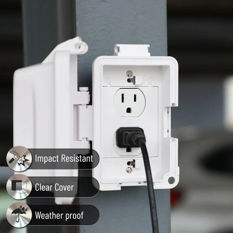 Outdoor Weatherproof 1 Gang Electrical Outlet Cover Plug In 120V AC Durable White Plastic Built Tough All Weather Protection