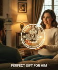 Woman holding a Custom Bar Neon Sign For Wall Decor Dimmable LED Beer Sign with personalized bar name and est year.