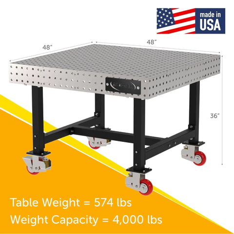 Pro Grade Welding Fixture Table Mobile Steel Workbench Laser Cut Precision Holes 48x48x36 inches with smooth rolling casters.