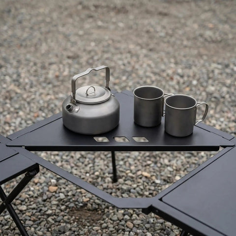 Folding Table Corner Brackets For Camping In Stainless Steel with teapot and cups on 90-degree triangle connection plates