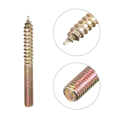 Badass M5x50mm Hanger Bolts For Solid Wood Furniture with detailed view of double ended thread and zinc coating.