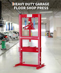6 Ton Hydraulic Shop Press With H Frame For Auto Bending And Stamping Adjustable Benchtop And Floor Press Plates Built To Last Red Garage Press For DIY Projects shown installed in a garage.
