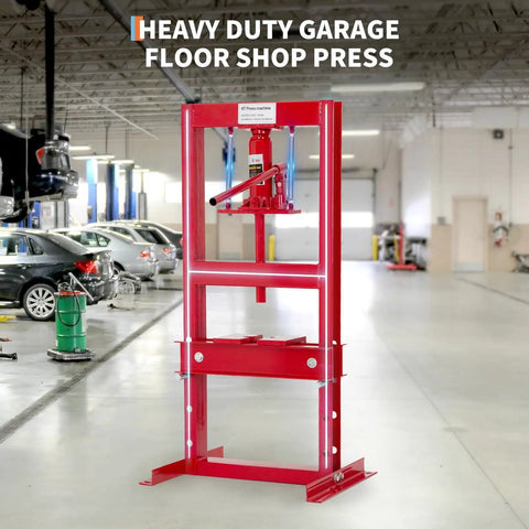 6 Ton Hydraulic Shop Press With H Frame For Auto Bending And Stamping Adjustable Benchtop And Floor Press Plates Built To Last Red Garage Press For DIY Projects shown installed in a garage.