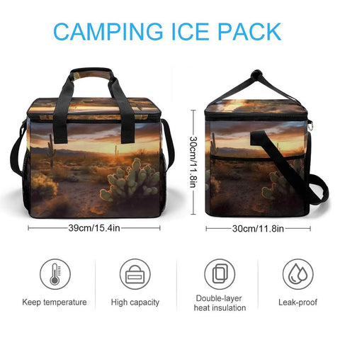 Side view of Desert Sunset Cactus Cooler Bag Insulated Lunch Box For Men And Women Small Portable Beach Cooler with straps