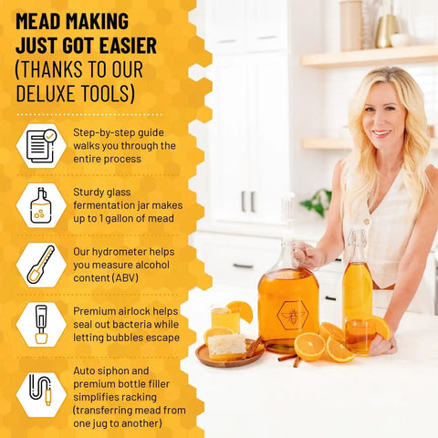 Smiling woman with Mead Making Kit For Beginners All In One Home Brewing Starter With 1 Gallon Glass Carboy Hydrometer and tools