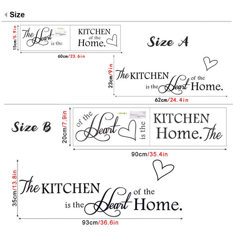 Kitchen Wall Stickers Set With Inspiring Quote The Kitchen Is The Heart Of The Home Vinyl Wall Decal dimensions in Size A and B
