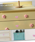 Super Dope Pink Bow Cabinet Pulls Pack Eight Piece Alloy Dresser Knobs For Girls Bedroom Refresh, mounted on yellow drawers.