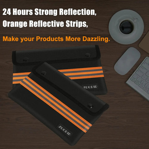 Two Pack Fireproof And Waterproof Money Pouches With Metal Shield Black 10 By 6 Inches Bank Bags with orange reflective strips