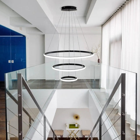 Cool Black LED Chandelier With 3 Color Temps 3000K 4000K 6000K, 60W Hanging Light Fixture in modern entryway with glass railing