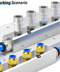 3 Way 5 Port Pneumatic Manifold Aluminum Block With 1/2 Inch NPT Input And 1/4 Inch NPT Output For Air Distribution And Exhaust Built Tough Aluminum Air Splitter For Your Compressed Air System in working scenario.