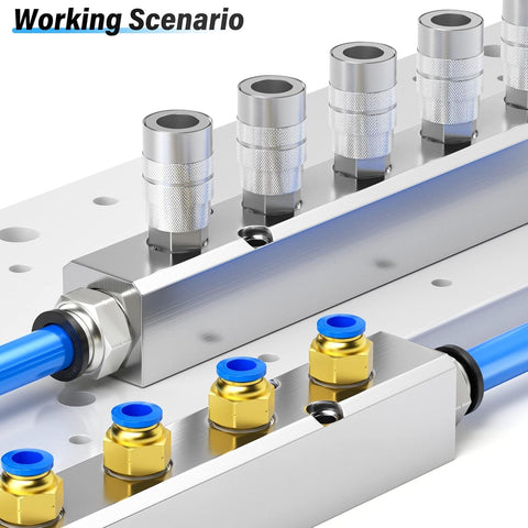 3 Way 5 Port Pneumatic Manifold Aluminum Block With 1/2 Inch NPT Input And 1/4 Inch NPT Output For Air Distribution And Exhaust Built Tough Aluminum Air Splitter For Your Compressed Air System in working scenario.
