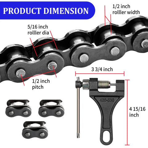 Beefy Heavy Duty 132 Link 420 Chain dimensions with chain breaker for mini bikes and ATVs with 50cc to 212cc engines