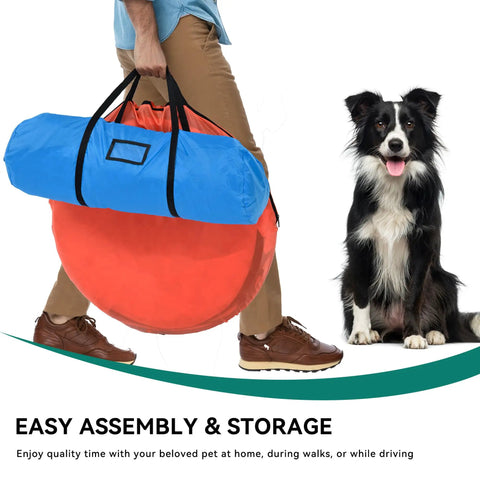 Person carrying Dog Agility Training Kit For Backyard And Indoor Use With Teaser Pole and black dog sitting