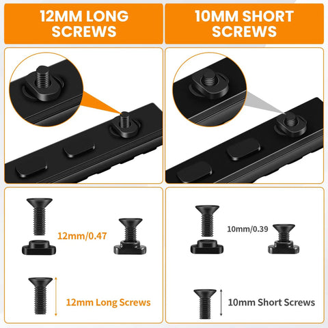 Slick 12 Piece T Nut And Screw Replacement Bundle For M Rail And M Loc Tactical Mounts, showing 12mm long screws and 10mm short screws.
