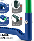 Close-up of blue and green frame of heavy duty garden kneeler and seat, showing non-slip features and stability details.