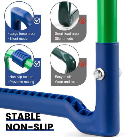 Close-up of blue and green frame of heavy duty garden kneeler and seat, showing non-slip features and stability details.