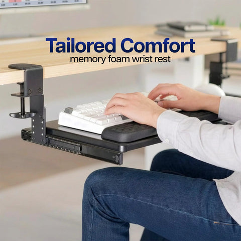 Large Height And Width Adjustable Under Desk Keyboard Tray With C-Clamp Mount System, Extends From 22.5 To 30 Inches, Black