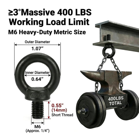 Stainless Steel Eye Bolts Kit M6 X 0.55 Inch With Nuts And Lock Washers, Black Shouldered Lifting Eyes, Heavy Duty Marine Tie Down Anchors For Thin Panels And Hulls, Approx 1/4 Inch Thread, 400 lb load illustration