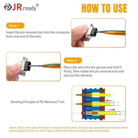 How to use Top Notch 20 AWG Gold Plated DB9 Pins Sockets with crimp terminals and pin removal tool illustrated steps.