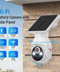 No Brainer Solar Powered Wireless Security Camera With 1080p HD mounted on wall showcasing solar panel and features