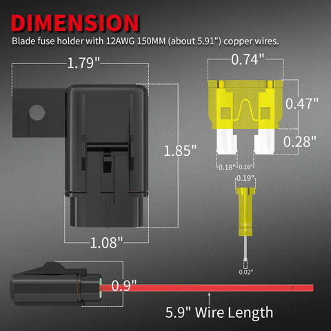 Beefy 12 Volt Inline Fuse Holder With Secure Mounting Holes For 12 Awg Automotive Marine Vehicle Wiring Kits Includes Waterproof Atc Ato Blade Fuses Rated At 20 30 40 Amps dimensions showing size details and wire length.