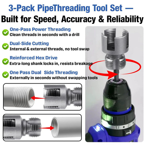Essential 3 Pcs PVC Pipe Threader Tool Set For Quick Plumbing Repairs Upgraded Mixed Design, showcasing dual-side threading heads.