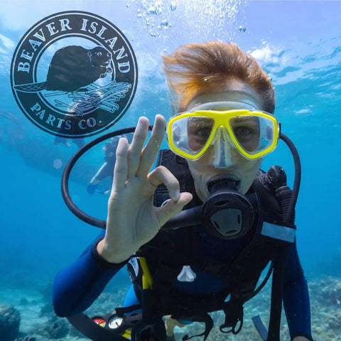 Diver underwater gives OK sign with Scuba O Ring Kit 30 Pack for Regulator, Valve, and Hose Repairs, logo in background