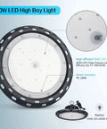 Close-up of 240W LED High Bay Light UFO Ceiling Lamp 36000LM UL DLC Certified IP65 Waterproof detail showing water-resistant PC lens