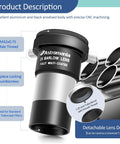 2X Barlow Lens Upgrade For 1.25 Inch Eyepieces All Metal CNC with M42 Thread shown with locking thumbscrews and filter thread