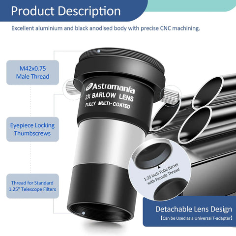 2X Barlow Lens Upgrade For 1.25 Inch Eyepieces All Metal CNC with M42 Thread shown with locking thumbscrews and filter thread