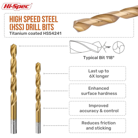 High speed steel drill bits, titanium coated for durability, part of 10 Piece Screw Extractors And HSS Drill Bit Set With Left Hand Spiral Flute Removers For Broken, Damaged And Stripped Screws Studs And Bolts Easy Out Included.