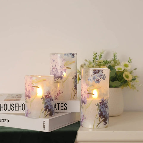 Flameless Battery Operated Candles With Remote Hydrangea Glass Pillar Centerpiece For Wedding And Home Decor, flickering light