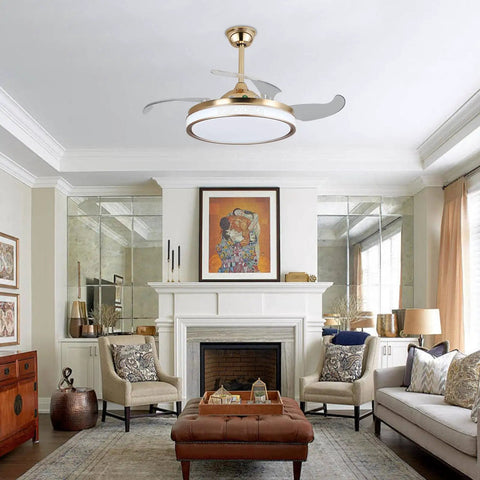 Semokia Ceiling Fan Light with Remote Gold Fan for Bedroom Living Room installed in stylish living room with modern décor