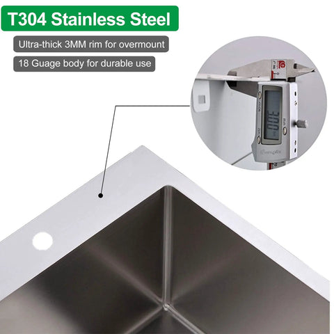 Close-up of Drop In Bar Sink 15x20 Inch Topmount Single Bowl Kitchen Sink, 16 Gauge 304 Stainless Steel showing corner and thickness gauge.