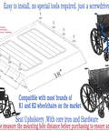 Premium Black Vinyl Wheelchair Replacement Seat Cushion 18X16 Inches with installation details and compatibility for K1 K2 frames.