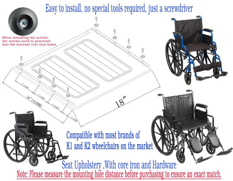 Premium Black Vinyl Wheelchair Replacement Seat Cushion 18X16 Inches with installation details and compatibility for K1 K2 frames.