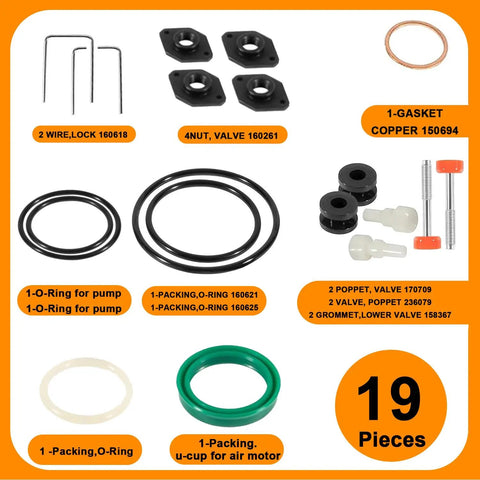 Air Motor Repair Kit 238286 Replacement For 5 To 1 Fire Ball 300 Pumps with gaskets, O-rings, and poppet valves displayed.