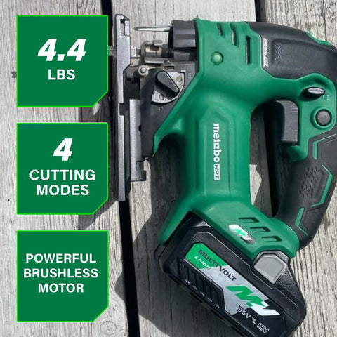 36V Cordless Brushless Orbital Jig Saw With 4 Stage Orbital Action And Variable Speed Control For Fast Clean Cuts Boss Level Performance Lightweight Tool Design Body Only shown on wood surface with features listed.