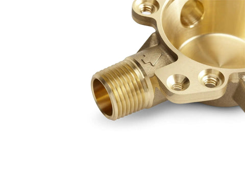 Close-up of brass Rite-Temp Pressure-Balancing Valve Body And Cartridge Kit For Shower System, 5.0 GPM Flow, Half Inch Universal NPT