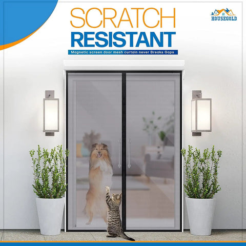 Durable Fiberglass Magnetic Screen Door For 72x80 French Doors with dog and cat demonstrating scratch resistance