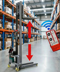Handy Electric Pallet Stacker With Winch Lifts 600 Lbs Heavy Gear in warehouse with remote control and lifting mechanism.