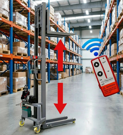 Handy Electric Pallet Stacker With Winch Lifts 600 Lbs Heavy Gear in warehouse with remote control and lifting mechanism.
