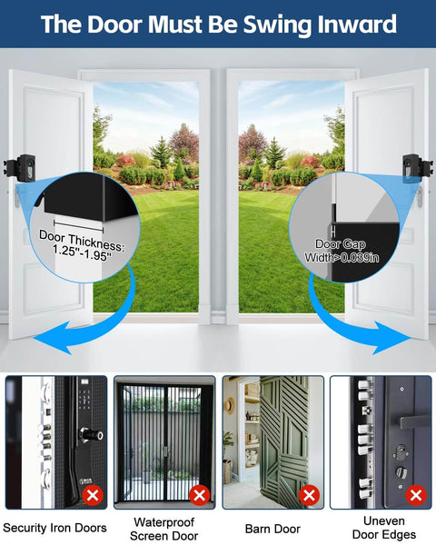 Diagram showing compatible inward swinging doors for Adjustable Angle Doorbell Mount For Ring And Blink Wireless Video Doorbells No Drill Anti Theft Doorbell Camera Mount Universal Bracket That Angles For Optimal View Compatible With Ring Video Doorbell 1 2 3 4 Plus Pro Battery Versions with door thickness and gap details.
