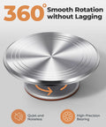 Aluminum Cake Turntable Set With Revolving 12 Inch Cake Stand For Decorating on a tabletop, showing smooth rotation.